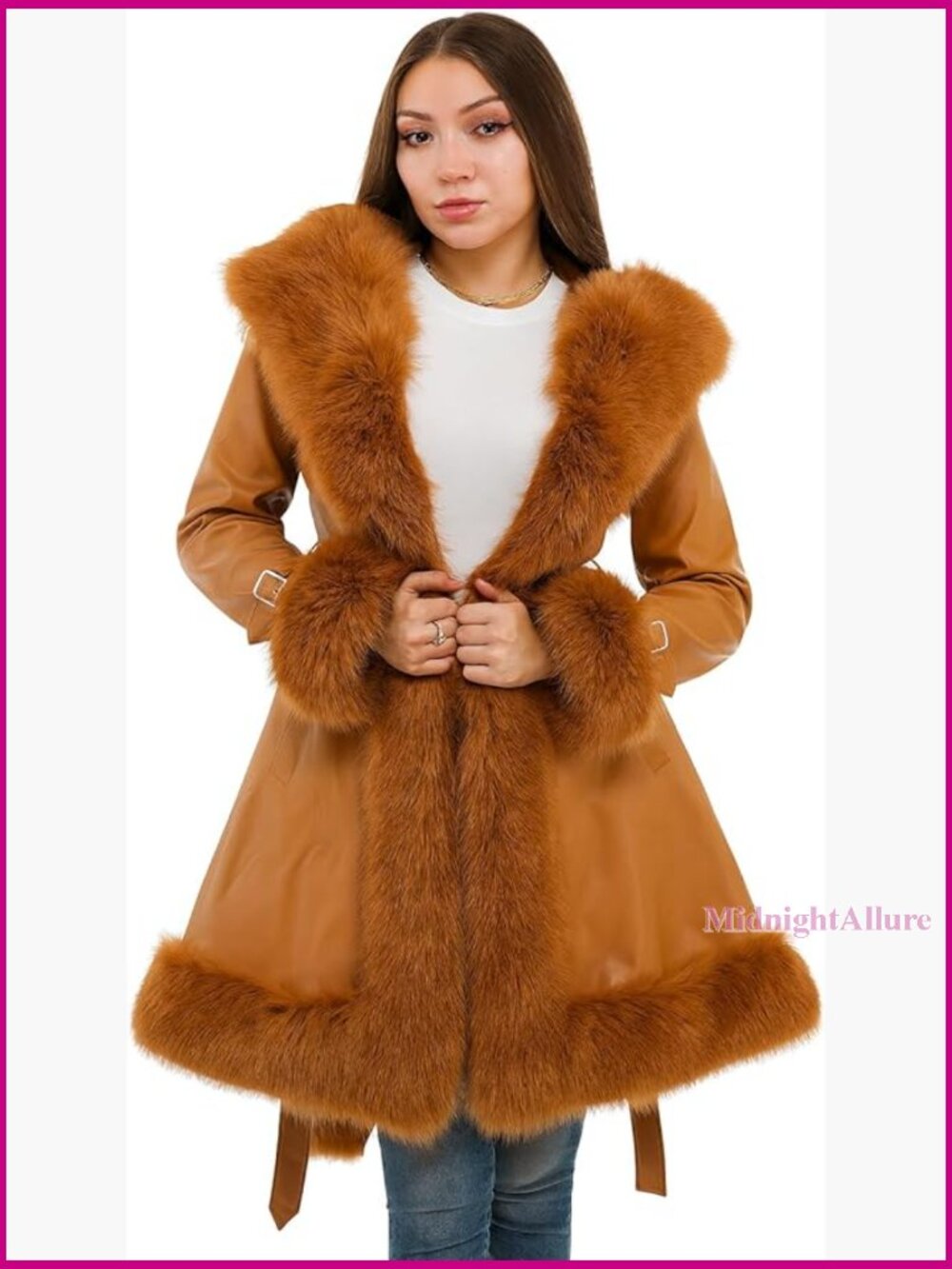 Vegan Leather Belted A Line Winter Coat With Faux Fur Hood